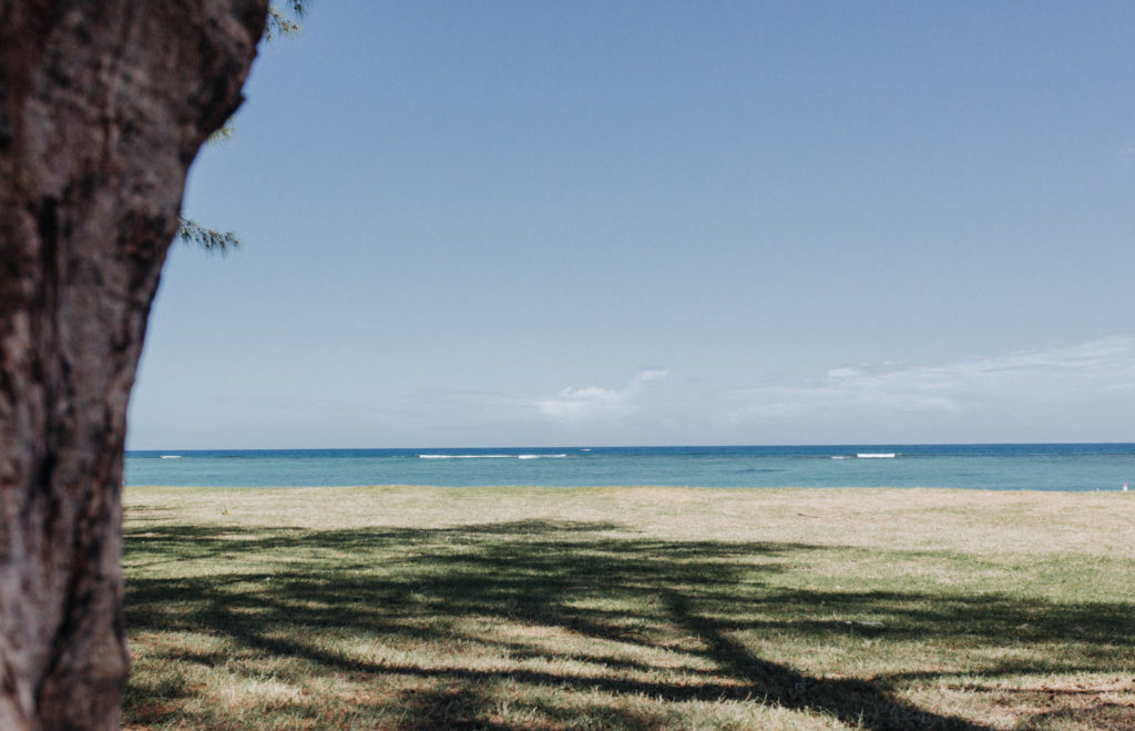 Langer Strand von Flic en Flac mit Palmen und klarem Wasser