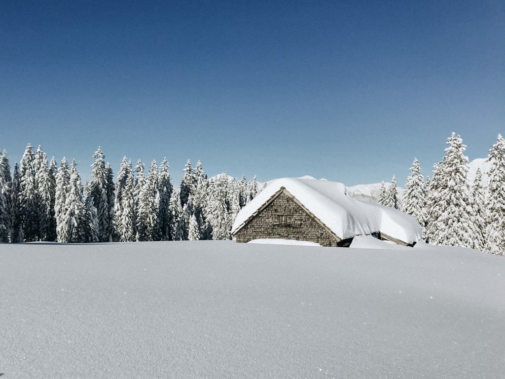 Winterwandern in der Schweiz mit dieser traumhaften Landschaft und einem fast komplett schneeverdecktem Haus auf dem Sagenweg im Toggenburg im Winter