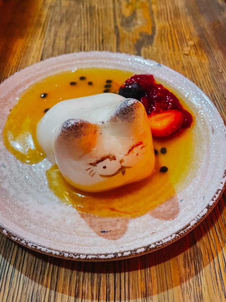 Nachspeise Pana Cotta in Form von einer Katze die wackelt im Restaurant Ryžių Jūra