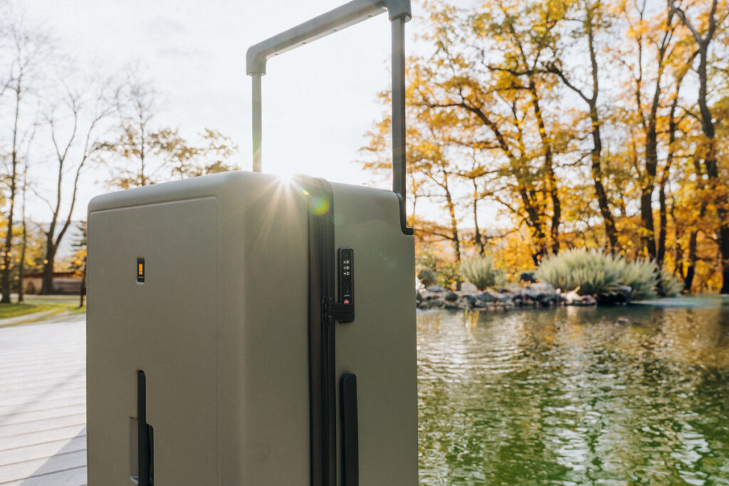 Detailaufnahme Level 8 Koffer Set – Voyageur Design im Sonnenuntergang