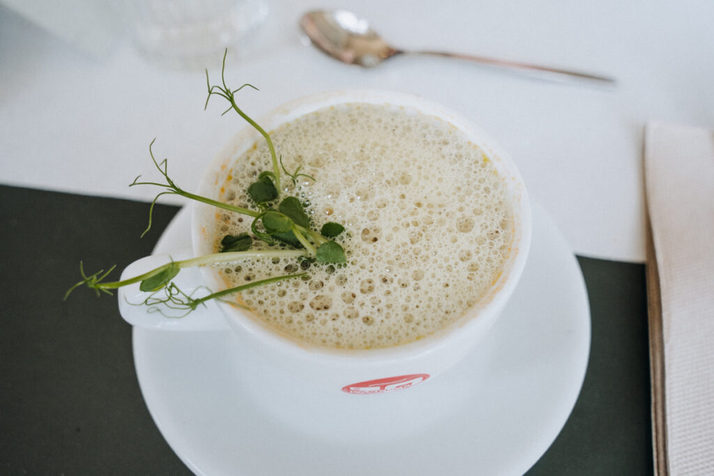 Vorspeise Cappuccino von der Potage du Jour im Restaurant interior no 253